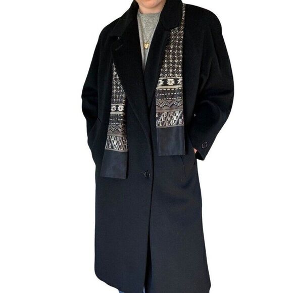 Vintage Forecaster Black 100% wool Trench Coat with Attached Scarf Sz 12 - Picture 1 of 10